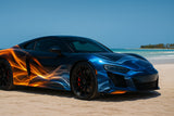 Blue and Orange Wave Car Wrap – High-Gloss Fluid Energy Vinyl Graphic | Abstract Full-Body Supercar Wrap for Exotic and Luxury Cars by Stickalz nv074