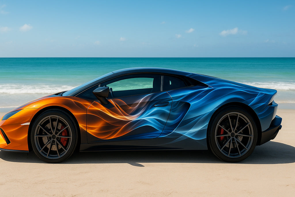 Blue and Orange Wave Car Wrap – High-Gloss Fluid Energy Vinyl Graphic | Abstract Full-Body Supercar Wrap for Exotic and Luxury Cars by Stickalz nv074