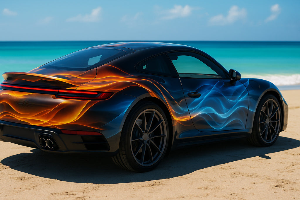Blue and Orange Wave Car Wrap – High-Gloss Fluid Energy Vinyl Graphic | Abstract Full-Body Supercar Wrap for Exotic and Luxury Cars by Stickalz nv074