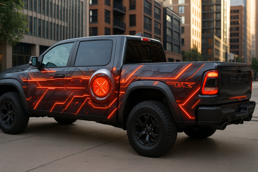 Red Circuit TRX Truck Wrap – Futuristic Black and Red Tech Vinyl Graphic | Cybercore Full-Body Pickup Wrap for RAM TRX and Off-Road Trucks by Stickalz nv076