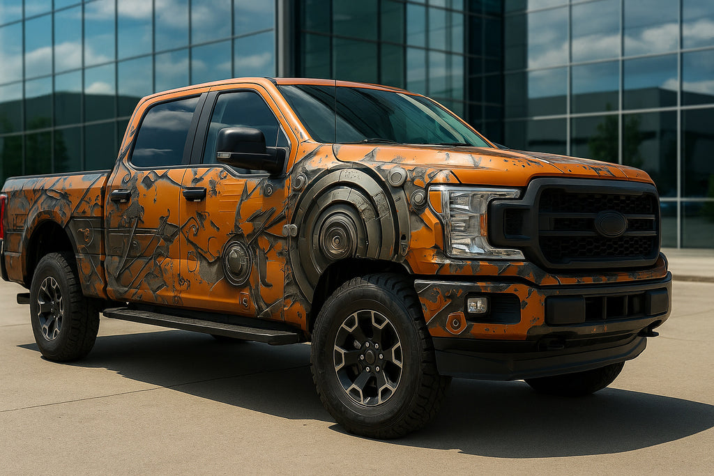 Industrial Mech Armor Truck Wrap – Orange Steel Gear Vinyl Graphic | Heavy-Duty 3D Mechanical Full-Body Wrap for Pickup and Off-Road Trucks by Stickalz nv077