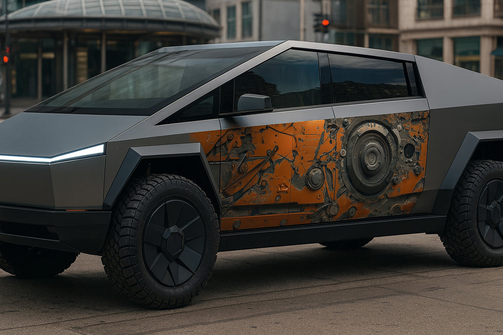 Industrial Mech Armor Truck Wrap – Orange Steel Gear Vinyl Graphic | Heavy-Duty 3D Mechanical Full-Body Wrap for Pickup and Off-Road Trucks by Stickalz nv077
