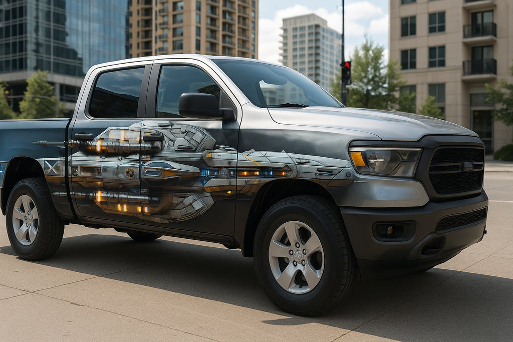 Spaceship Fusion Truck Wrap – Futuristic Metallic Vinyl Graphic | Sci-Fi Ship-Inspired Full-Body Wrap for Pickup and Off-Road Trucks by Stickalz nv079
