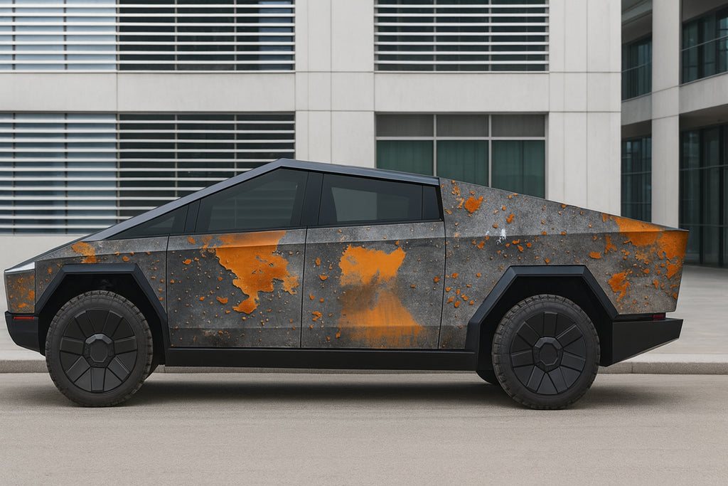 Rusted Steel Cybertruck Wrap – Industrial Metal Texture Vinyl | Weathered Patina Effect Full-Body Wrap for Tesla Cybertruck by Stickalz nv081