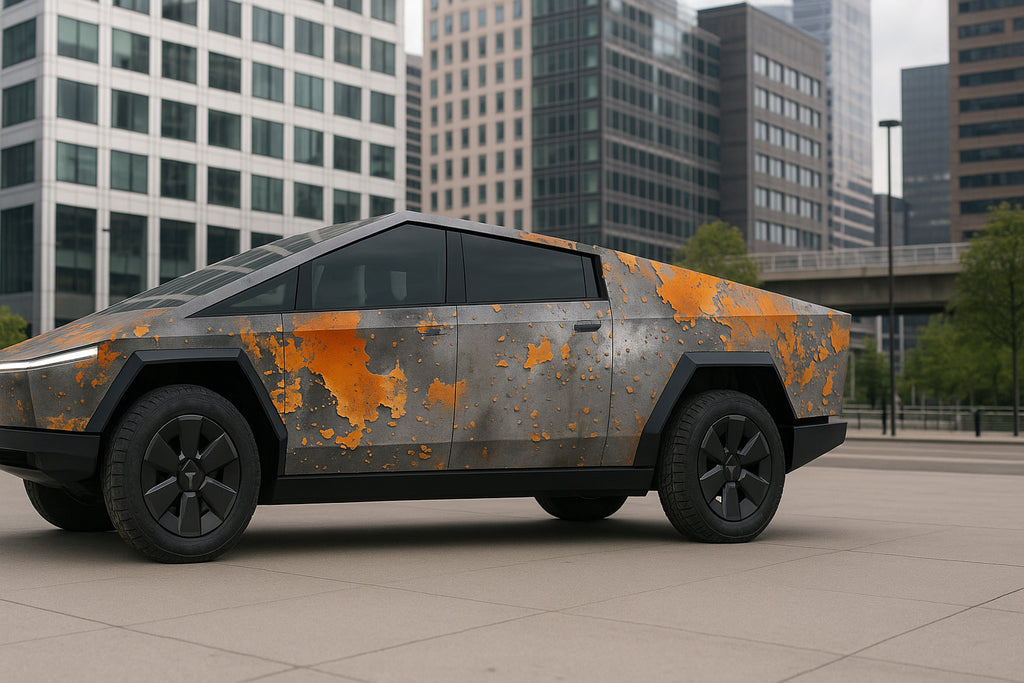 Rusted Steel Cybertruck Wrap – Industrial Metal Texture Vinyl | Weathered Patina Effect Full-Body Wrap for Tesla Cybertruck by Stickalz nv081
