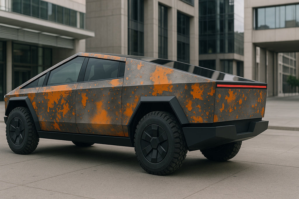 Rusted Steel Cybertruck Wrap – Industrial Metal Texture Vinyl | Weathered Patina Effect Full-Body Wrap for Tesla Cybertruck by Stickalz nv081
