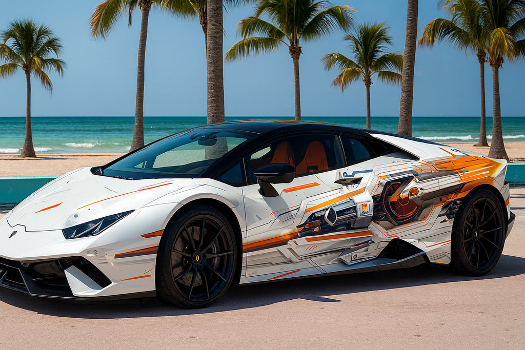 Cyber Velocity Supercar Wrap – White & Orange Futuristic Vinyl Graphic | Sci-Fi Mechanical Circuit Design Full-Body Wrap by Stickalz nv082