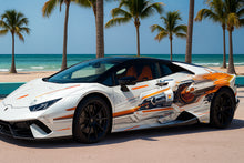 Load image into Gallery viewer, Cyber Velocity Supercar Wrap – White &amp; Orange Futuristic Vinyl Graphic | Sci-Fi Mechanical Circuit Design Full-Body Wrap by Stickalz nv082