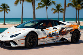 Cyber Velocity Supercar Wrap – White & Orange Futuristic Vinyl Graphic | Sci-Fi Mechanical Circuit Design Full-Body Wrap by Stickalz nv082