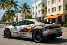 Load image into Gallery viewer, Cyber Velocity Supercar Wrap – White &amp; Orange Futuristic Vinyl Graphic | Sci-Fi Mechanical Circuit Design Full-Body Wrap by Stickalz nv082