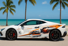 Load image into Gallery viewer, Cyber Velocity Supercar Wrap – White &amp; Orange Futuristic Vinyl Graphic | Sci-Fi Mechanical Circuit Design Full-Body Wrap by Stickalz nv082