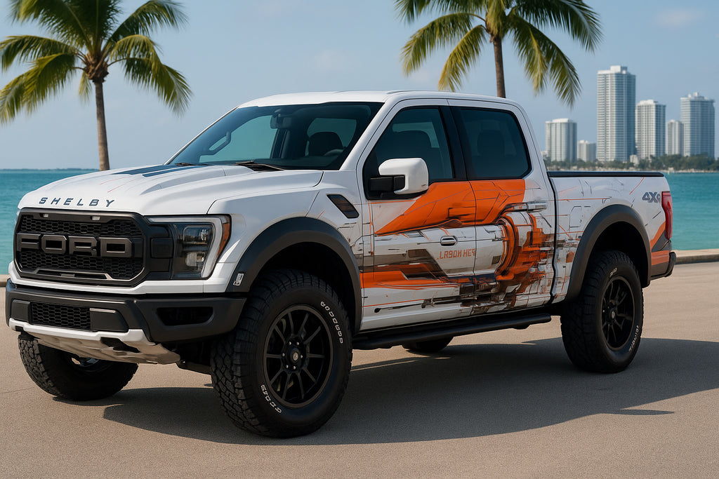Cyber Aero Truck Wrap – Orange & White Futuristic Mechanical Design | Sci-Fi Industrial Vinyl Graphic for Ford, Ram, and Pickup Trucks by Stickalz nv083