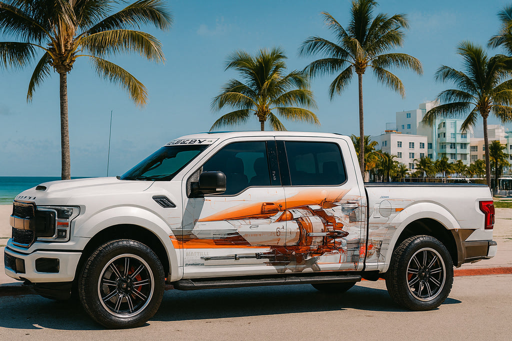 Cyber Aero Truck Wrap – Orange & White Futuristic Mechanical Design | Sci-Fi Industrial Vinyl Graphic for Ford, Ram, and Pickup Trucks by Stickalz nv083