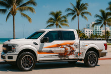 Load image into Gallery viewer, Cyber Aero Truck Wrap – Orange &amp; White Futuristic Mechanical Design | Sci-Fi Industrial Vinyl Graphic for Ford, Ram, and Pickup Trucks by Stickalz nv083