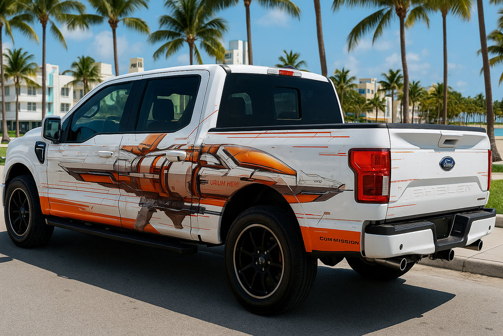Cyber Aero Truck Wrap – Orange & White Futuristic Mechanical Design | Sci-Fi Industrial Vinyl Graphic for Ford, Ram, and Pickup Trucks by Stickalz nv083