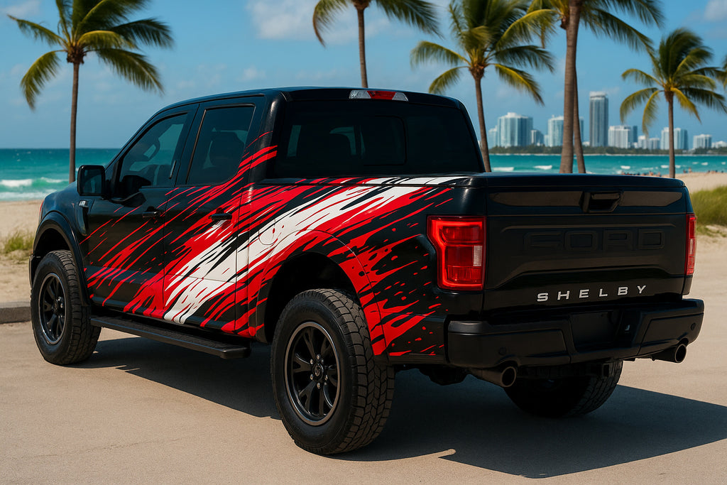 Red Velocity Truck Wrap – Black & White Racing Streak Vinyl Graphic | Aggressive Speed-Inspired Full-Body Wrap for Pickup Trucks by Stickalz nv084