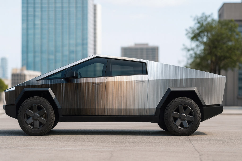 Brushed Steel Gradient Wrap – Metallic Silver & Bronze Vinyl | Industrial Cybertruck Wrap with Brushed Texture Finish | Premium Automotive Wrap by Stickalz nv087