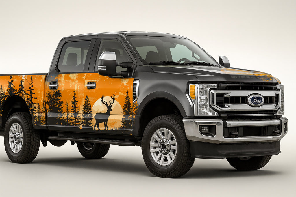 Sunset Deer Forest Wrap – Orange Woodland Hunting Truck Vinyl | Wildlife Silhouette Forest Graphic Wrap for Pickup & Off-Road Vehicles | Stickalz Outdoors nv090