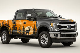 Sunset Deer Forest Wrap – Orange Woodland Hunting Truck Vinyl | Wildlife Silhouette Forest Graphic Wrap for Pickup & Off-Road Vehicles | Stickalz Outdoors nv090