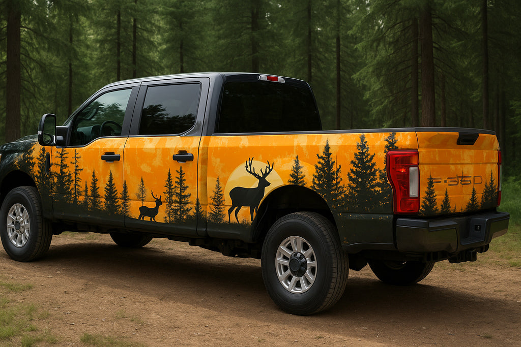 Sunset Deer Forest Wrap – Orange Woodland Hunting Truck Vinyl | Wildlife Silhouette Forest Graphic Wrap for Pickup & Off-Road Vehicles | Stickalz Outdoors nv090