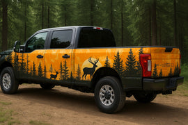 Sunset Deer Forest Wrap – Orange Woodland Hunting Truck Vinyl | Wildlife Silhouette Forest Graphic Wrap for Pickup & Off-Road Vehicles | Stickalz Outdoors nv090