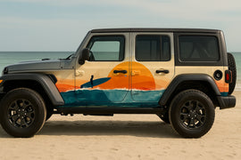 Sunset Surfer Beach Wrap – Ocean Wave Jeep Vinyl | Coastal Adventure Car Wrap with Retro Sun & Sea Design | Surf Style Vehicle Graphic by Stickalz nv091