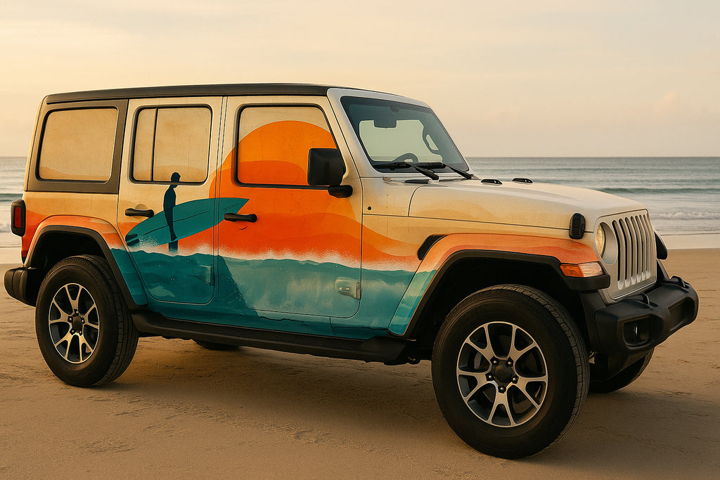 Sunset Surfer Beach Wrap – Ocean Wave Jeep Vinyl | Coastal Adventure Car Wrap with Retro Sun & Sea Design | Surf Style Vehicle Graphic by Stickalz nv091