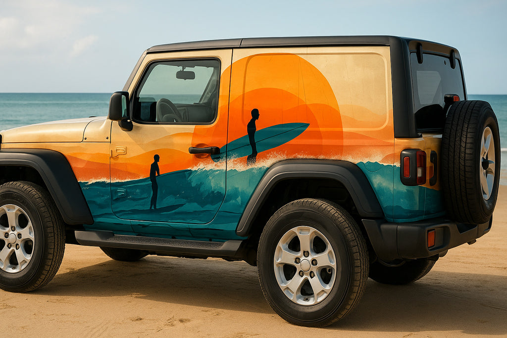 Sunset Surfer Beach Wrap – Ocean Wave Jeep Vinyl | Coastal Adventure Car Wrap with Retro Sun & Sea Design | Surf Style Vehicle Graphic by Stickalz nv091