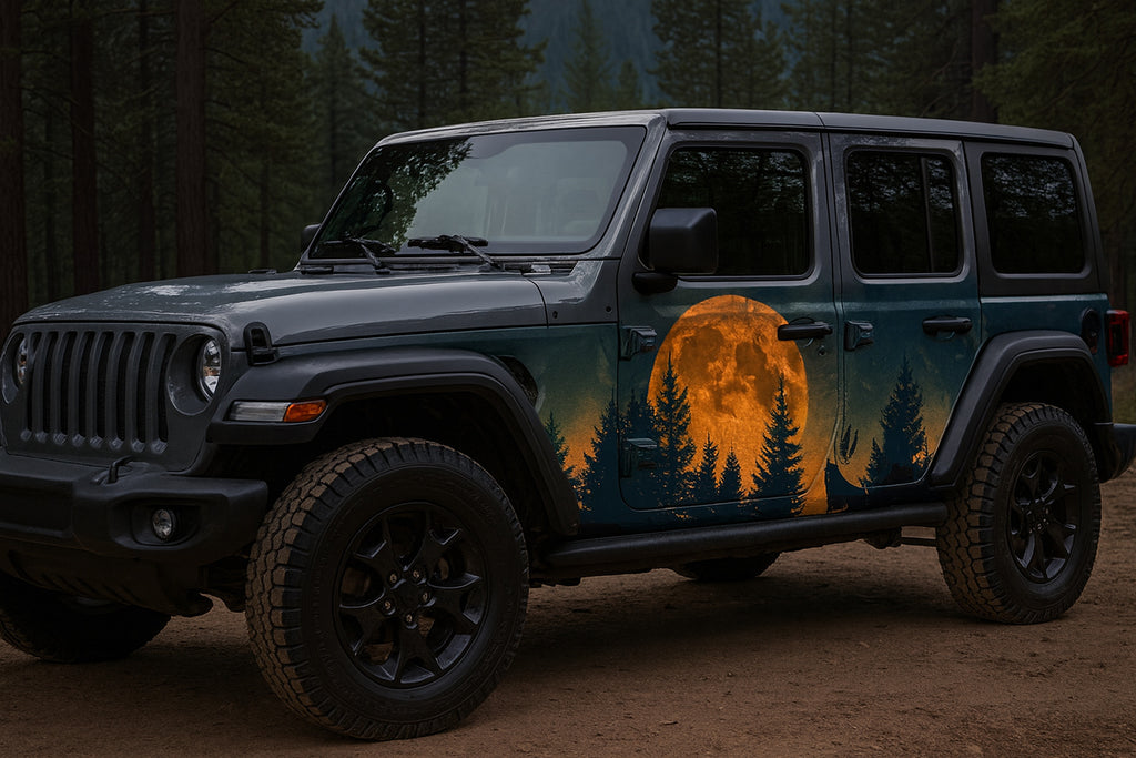 Wolf Moon Forest Wrap – Midnight Wilderness Jeep Vinyl | Howling Wolf & Pine Tree Silhouette Car Wrap | Outdoor Adventure Vehicle Graphic by Stickalz nv092
