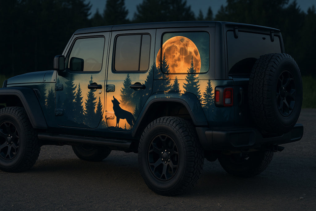 Wolf Moon Forest Wrap – Midnight Wilderness Jeep Vinyl | Howling Wolf & Pine Tree Silhouette Car Wrap | Outdoor Adventure Vehicle Graphic by Stickalz nv092