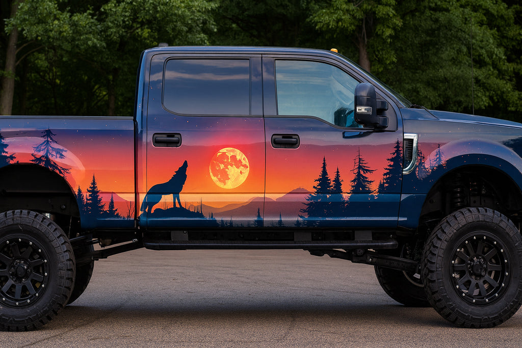 Sunset Wolf Howl Wrap – Forest Night Truck Vinyl | Wildlife Silhouette Car Wrap with Moon & Trees | Outdoor Adventure Vehicle Graphic by Stickalz nv093
