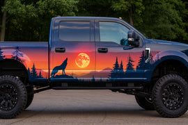 Sunset Wolf Howl Wrap – Forest Night Truck Vinyl | Wildlife Silhouette Car Wrap with Moon & Trees | Outdoor Adventure Vehicle Graphic by Stickalz nv093