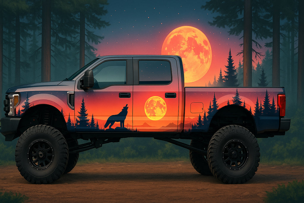 Sunset Wolf Howl Wrap – Forest Night Truck Vinyl | Wildlife Silhouette Car Wrap with Moon & Trees | Outdoor Adventure Vehicle Graphic by Stickalz nv093