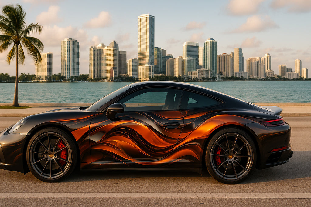 Molten Energy Car Wrap – Orange Fire Flow Supercar Vinyl | Fluid Abstract Lava Design | Luxury Performance Vehicle Wrap by Stickalz nv095