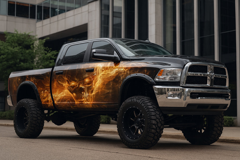 Infernal Skull Fire Wrap – Black Truck Vinyl Graphic | Burning Flame Design with Skull Art | Aggressive Custom Vehicle Wrap by Stickalz nv096