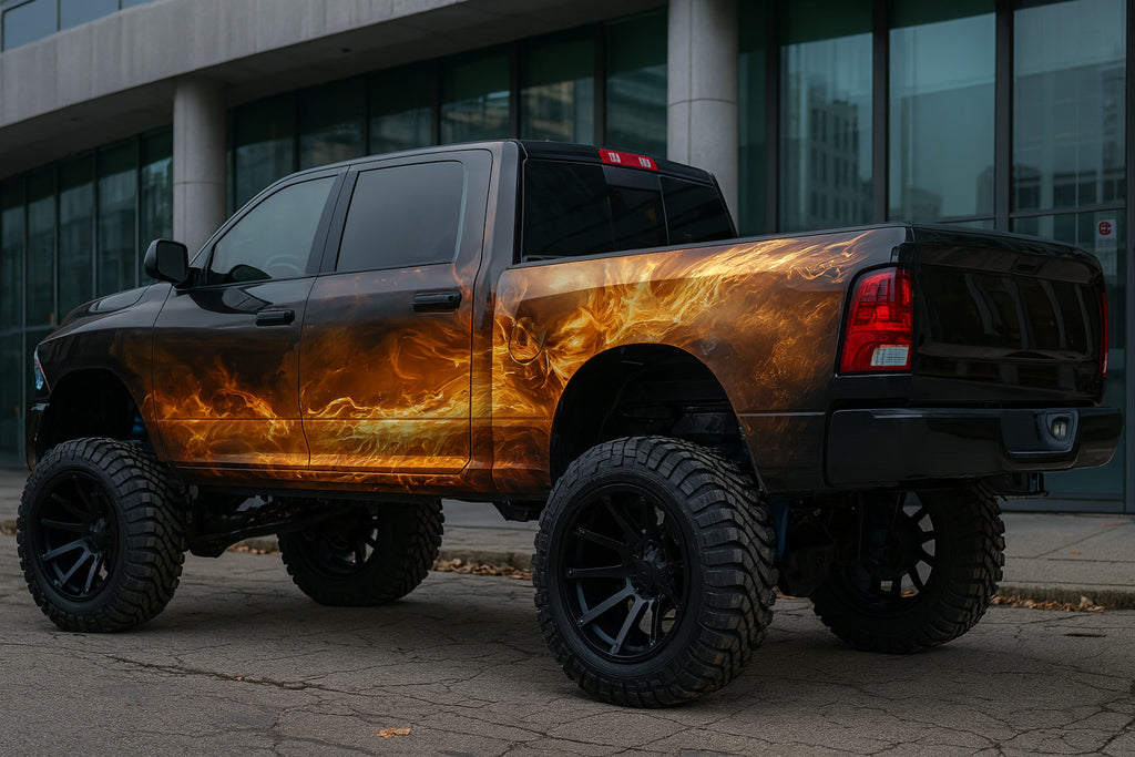 Infernal Skull Fire Wrap – Black Truck Vinyl Graphic | Burning Flame Design with Skull Art | Aggressive Custom Vehicle Wrap by Stickalz nv096