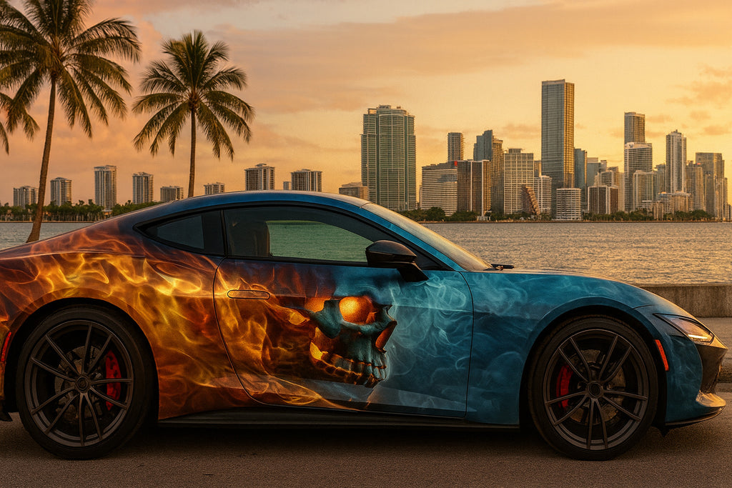 Fire & Ice Skull Wrap – Blue and Orange Flame Car Vinyl | Dual Energy Supercar Design | Custom High-Performance Vehicle Wrap by Stickalz nv097