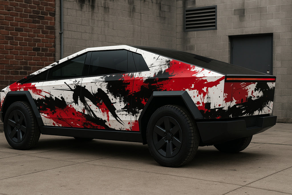 Urban Graffiti Car Wrap – Black, Red & White Splatter Vinyl | Abstract Street-Art Cybertruck Design | Custom Vehicle Wrap by Stickalz nv098