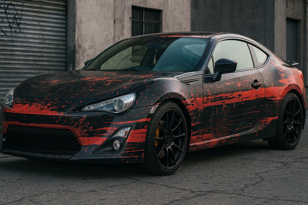 Red Distressed Street Wrap – Matte Black & Crimson Vinyl | Grunge Brush Texture Car Design | Custom Urban Performance Wrap by Stickalz nv099