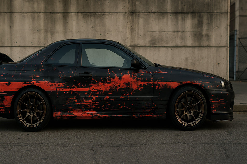 Red Distressed Street Wrap – Matte Black & Crimson Vinyl | Grunge Brush Texture Car Design | Custom Urban Performance Wrap by Stickalz nv099