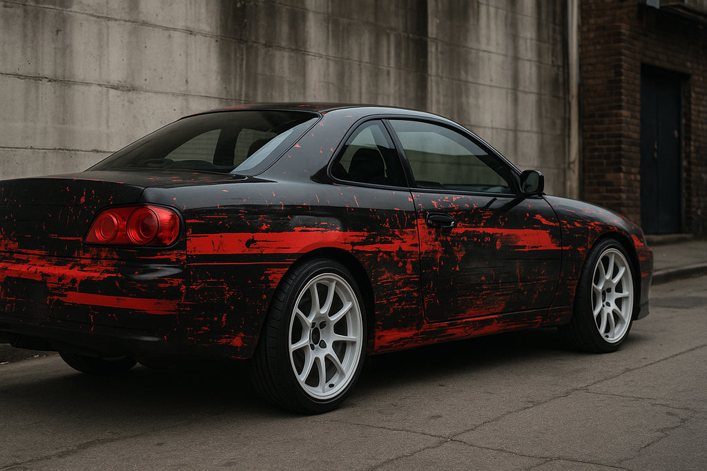 Red Distressed Street Wrap – Matte Black & Crimson Vinyl | Grunge Brush Texture Car Design | Custom Urban Performance Wrap by Stickalz nv099