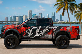 Red and Black Splatter Wrap – Abstract Street Art Vinyl | Urban Battle Paint Design for Pickup Trucks | Custom Vehicle Wrap by Stickalz nv100