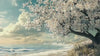 3D Cherry Blossom Ocean Bedroom Mural - Tranquil Nature Wall Art - Modern Bedroom Decor for Relaxation - Stylish Gift for Birthdays