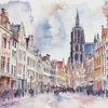 European Old Town Wallpaper – Watercolor 3D Wall Mural with Cathedral and City Street View – Bold Modern Stylish Wall Decor Gift