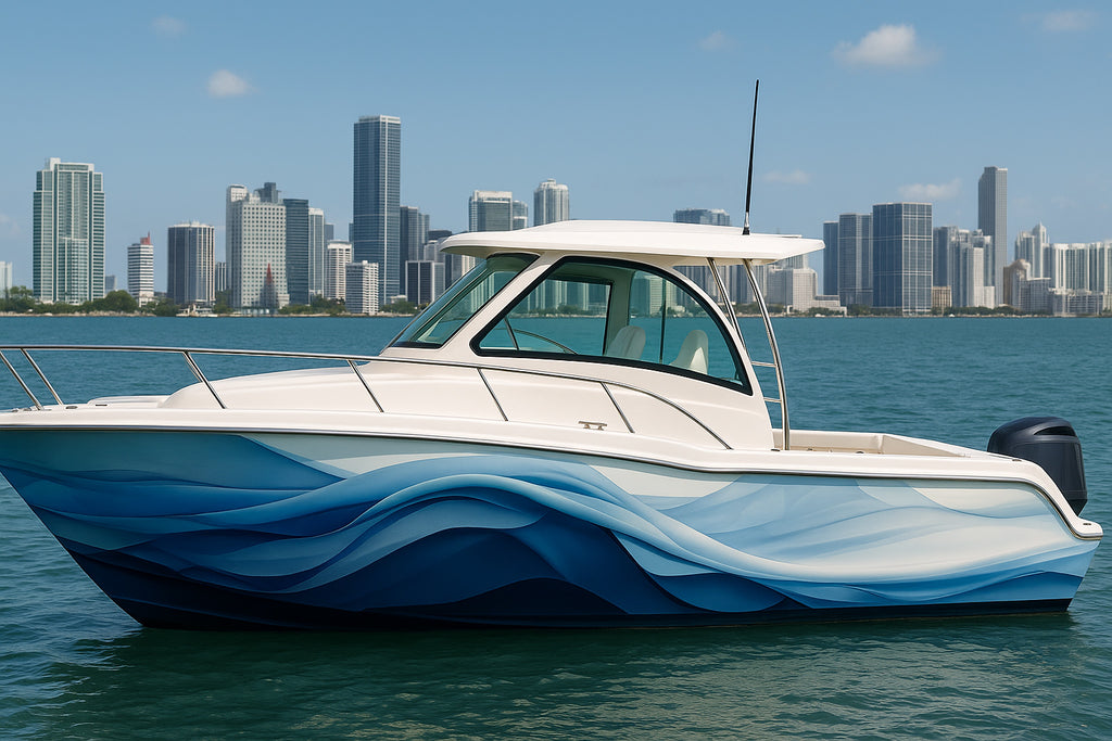 Ocean Wave Boat Wrap – Blue Gradient Marine Vinyl | Abstract Water Flow Design for Yachts and Boats | Premium Custom Sea Wrap by Stickalz vb001