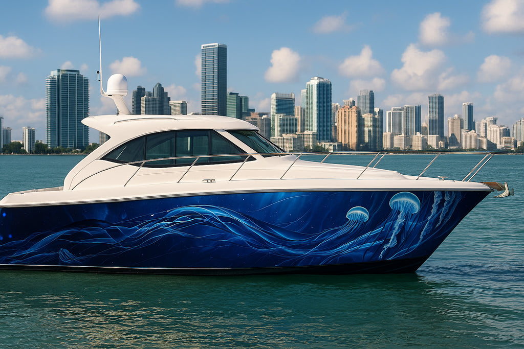 Deep Ocean Jellyfish Boat Wrap – Dark Blue Marine Vinyl | Underwater Light Flow Design for Yachts and Boats | Premium Custom Wrap by Stickalz vb003