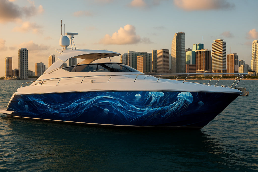 Deep Ocean Jellyfish Boat Wrap – Dark Blue Marine Vinyl | Underwater Light Flow Design for Yachts and Boats | Premium Custom Wrap by Stickalz vb003