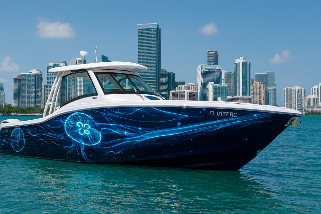 Electric Jellyfish Boat Wrap – Blue Bioluminescent Marine Vinyl | Glowing Ocean Light Design for Yachts & Boats | Premium Custom Wrap by Stickalz vb004