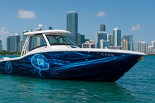 Load image into Gallery viewer, Electric Jellyfish Boat Wrap – Blue Bioluminescent Marine Vinyl | Glowing Ocean Light Design for Yachts &amp; Boats | Premium Custom Wrap by Stickalz vb004