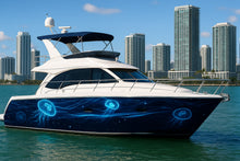Load image into Gallery viewer, Electric Jellyfish Boat Wrap – Blue Bioluminescent Marine Vinyl | Glowing Ocean Light Design for Yachts &amp; Boats | Premium Custom Wrap by Stickalz vb004